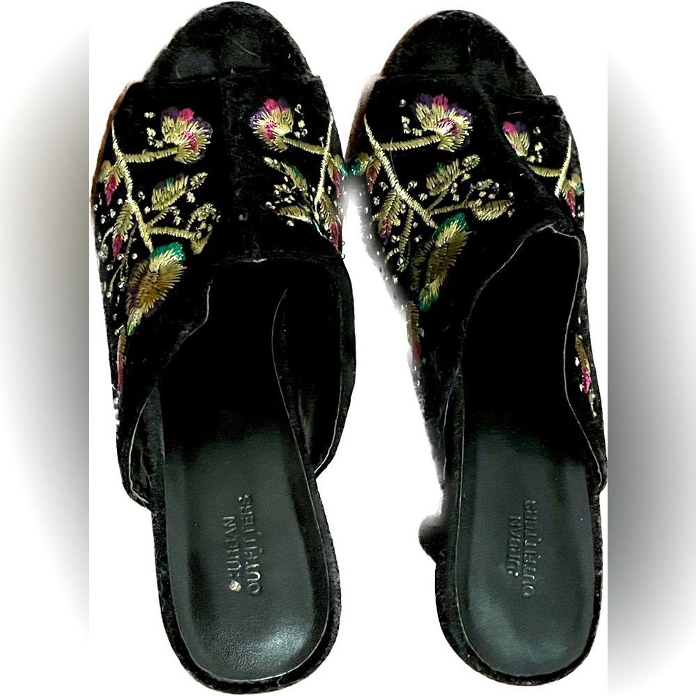 Embroidered Velvet open toed mules, urban outfitters